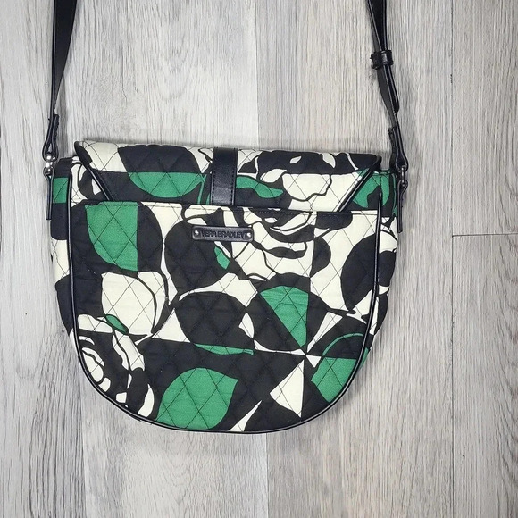 Vera Bradley Imperial Rose Green Black White Slim Saddle Bag Crossbody - Picture 3 of 16